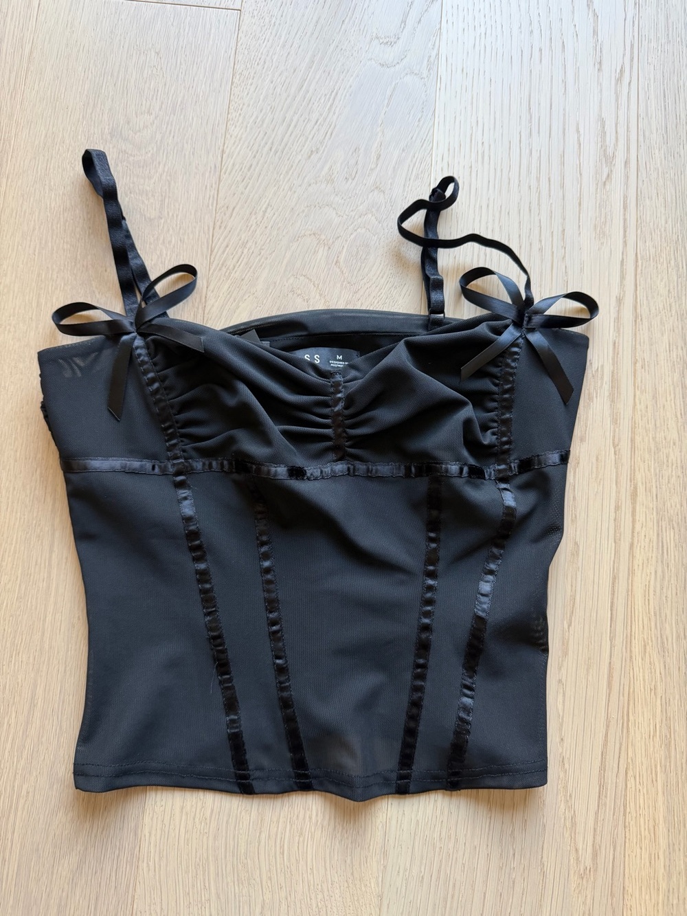 LIONESS black bustier tank with ruched seam at bust & bows - Size M - brand new